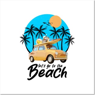 Let's Go To The Beach - Retro Vintage car with surfboard and beach ball Posters and Art